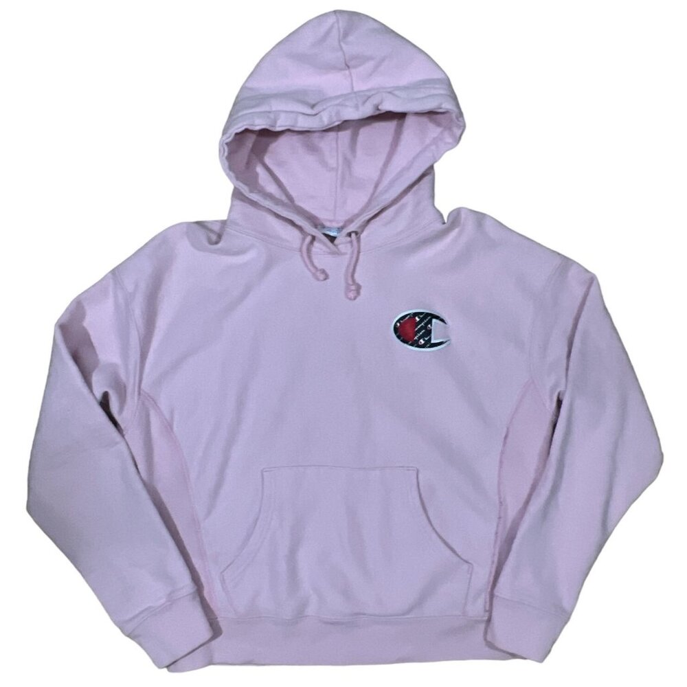 Champion Reverse Weave Hoodie Womens Small Pink Spellout Classic Pullover SZ MED